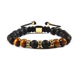 Black Onyx & Tiger Eye Bracelet Matte Onyx Tiger's Eye & Gold Color Steel Beads